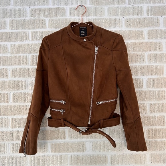 ZARA TRF Faux Brown Suede Moto Jacket - Picture 8 of 9